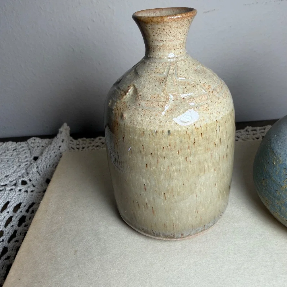Studio Pottery Bud Vases Set 2 Signed Hand Thrown Ceramic Tan Blue Salt Glaze